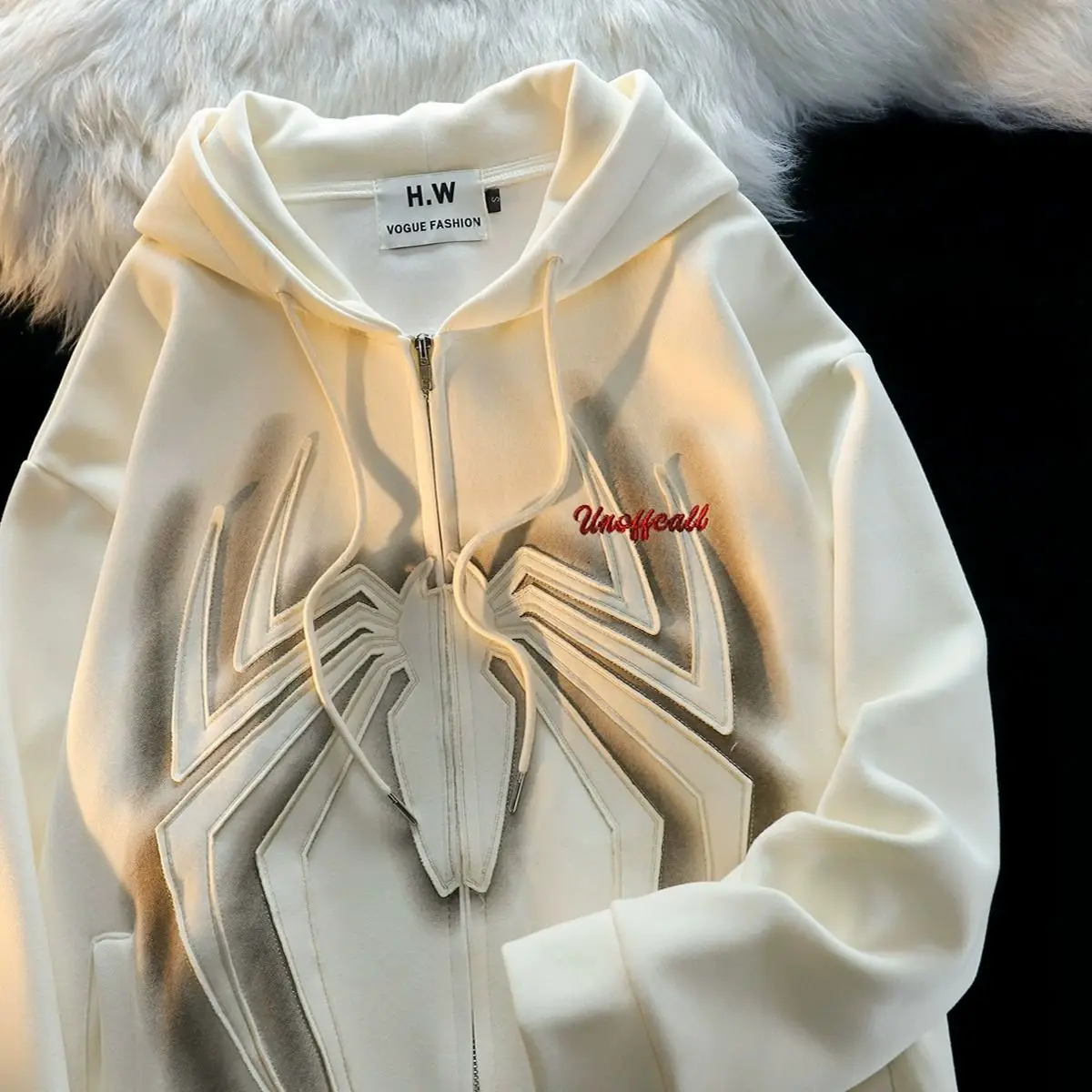 

Spider patch cloth hoodie men and women 2023 autumn/winter street loose couple cardigan coat American retro style