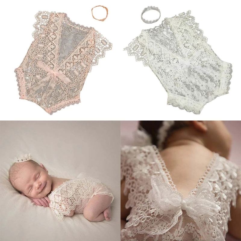 

2 Pcs/Set 0-1Month Newborn Photography Props Baby Crown Headband Lace Hollow out Romper Bodysuits Outfit Girl Costume Photo Sho
