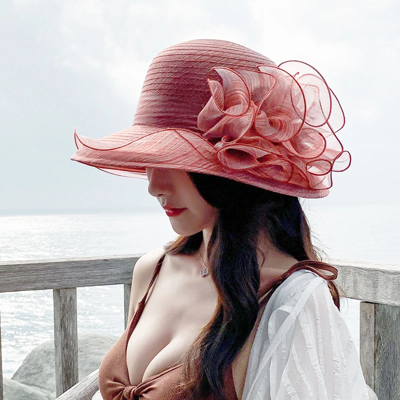 Trendy Organza Sunhats Flower Mesh Wide Brim Wedding Hat Ruffles Sunscreen French Outdoor Vintage Hat Wide Sides Sun Visor