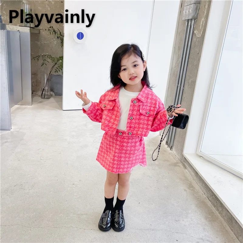 

Korean Style New Spring Autumn Kids Girl Sets Long Sleeves Houndstooth Plaid Denim Jacket+Cowboy Loose Casual Skirt H1053