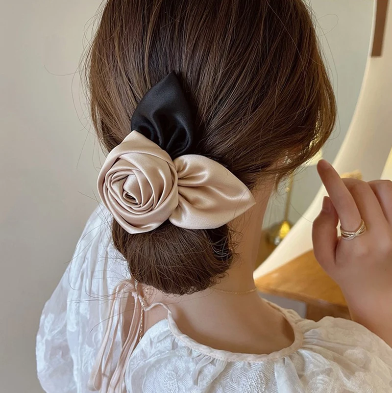 

Women Vintage Satin Big Rose Flower Hairpin Ponytail Holder Champagne Hair Clip Girl Elegant Barrettes Korean Hair Accessories