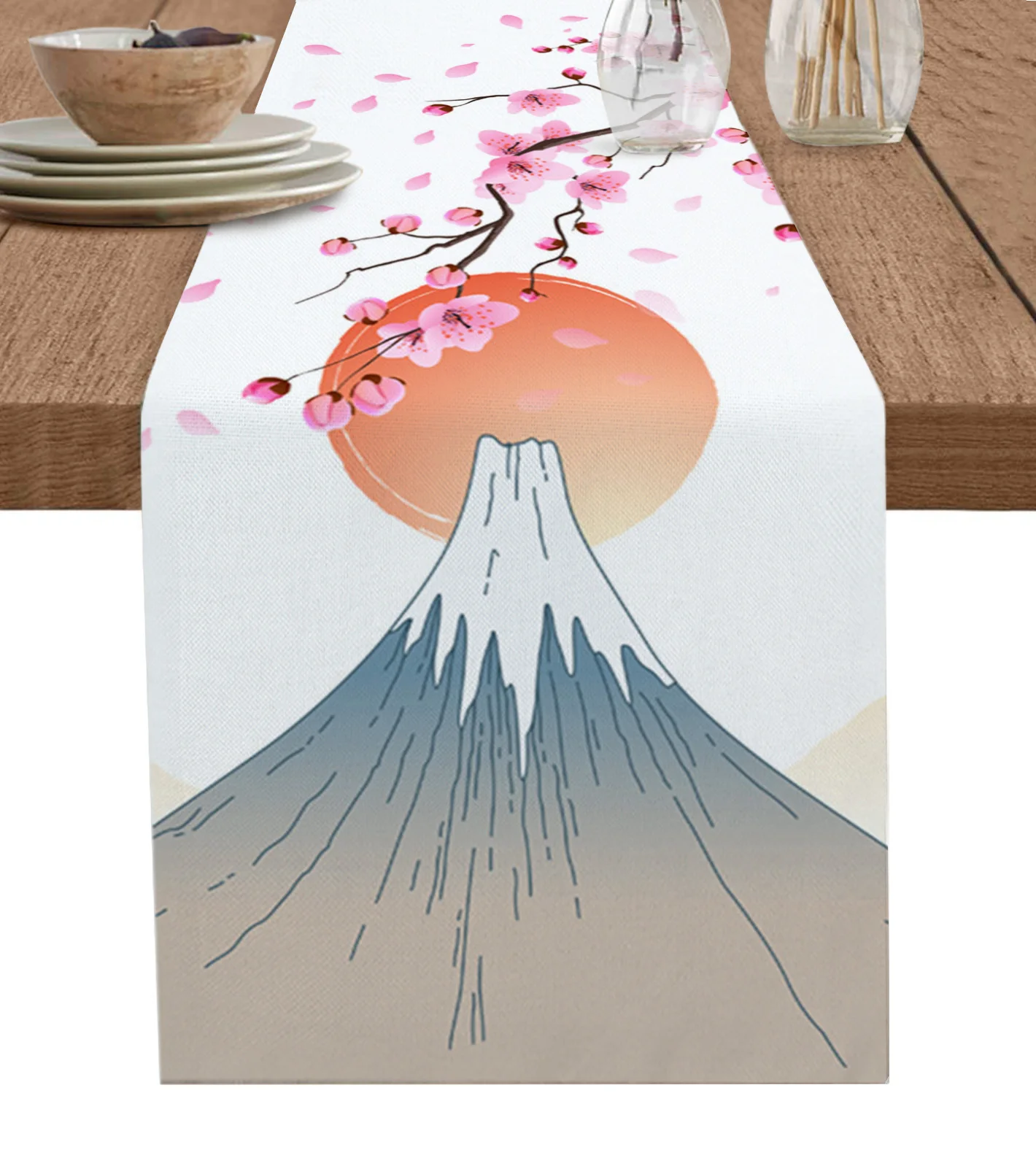 

Japanese Style Mt. Fuji Sakura Table Runner Wedding Decoration Cotton Linen Table Runner for Holiday Party Kitchen Table Decor