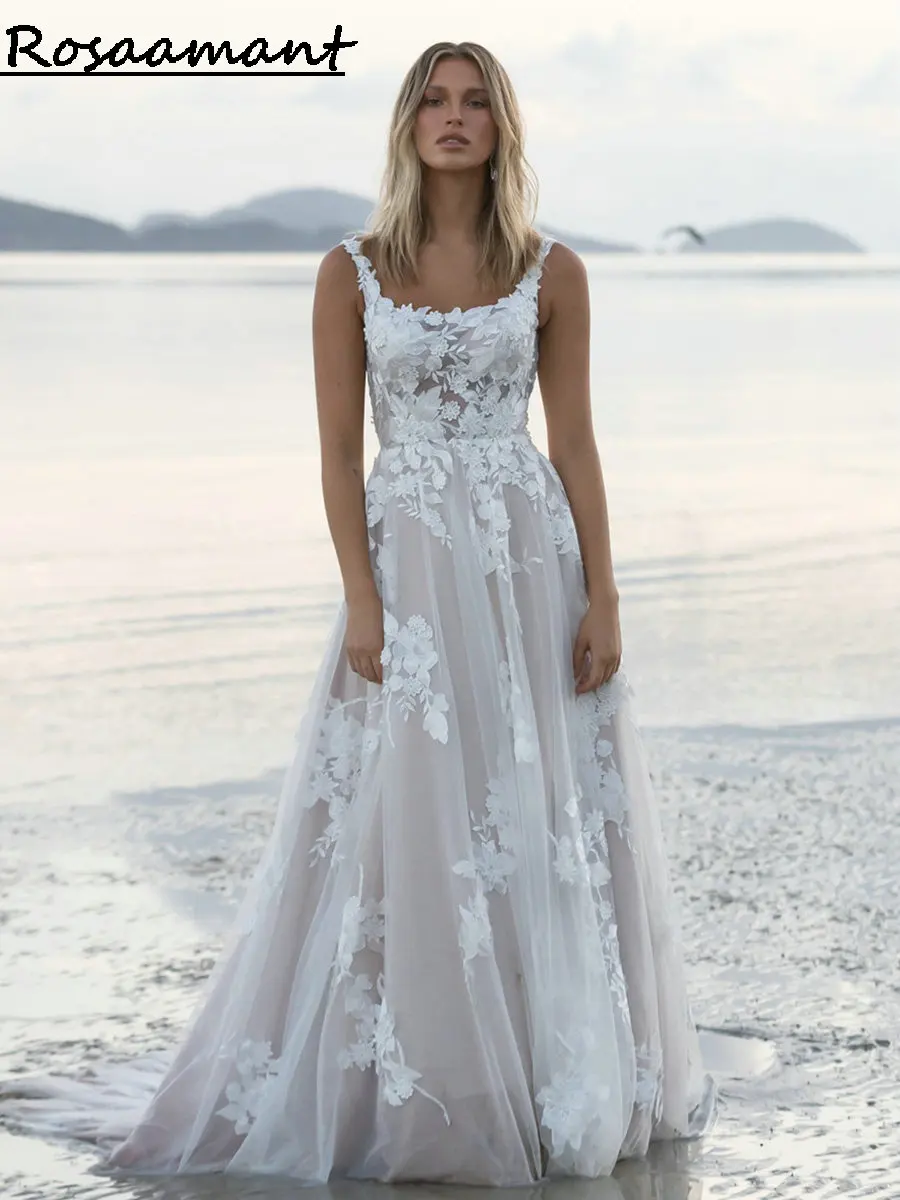 

Bohemian Illusion Scoop Backless A-line Wedding Dresses Spaghetti Straps Appliques Lace Bridal Gowns Robe De Mariée