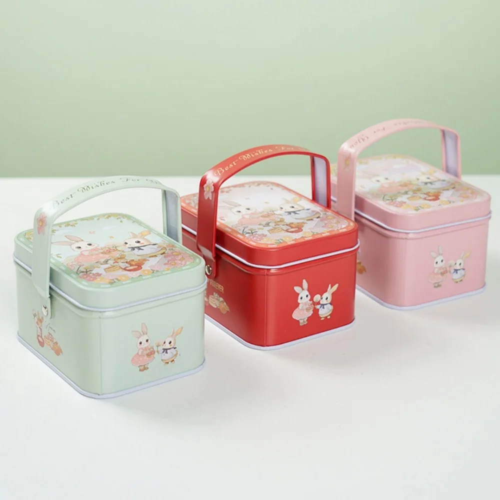 Quadratische Pralinenschachtel mit tragbarem Griff, handbemalte Kaninchen-Blechbox, Keksschmuck, Geschenkverpackung für Hochzeit, Ostern, Party – Detail 4