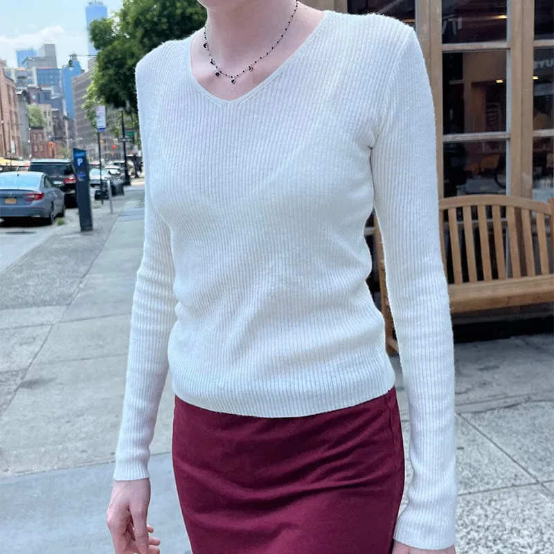 

Elegant Chic Knitwear Fairycore Grunge Women Long Sleeve V-neck T-shirt Vintage Y2K Aesthetic Female Fall Sweater Streetwear