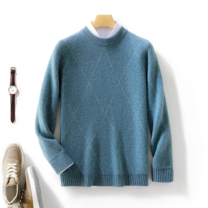 Men 100% Pure Cashmere Wool Soft Sweater O-neck Diamond Jacquard Pullover Autumn Winter Casual Thick Basis Jumper Large Size Top 3