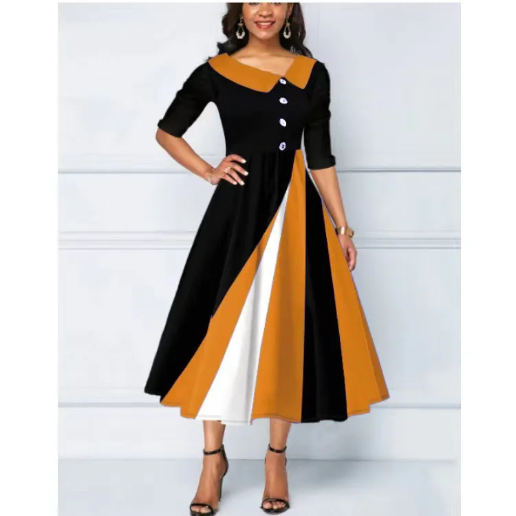 

Large Big Elegant Women Mid-Calf Dress Half Sleeve Patchwork Buttons Dresses 2023 Spring Vintage A-Line Dress Oversize Vestidos