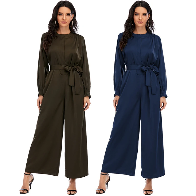 

Fashion Long Jumpsuit Women Solid Color Round Neck Long Sleeve Elasticated Cuffs Tunic Elegant Wide-leg Pants Casual Full Length