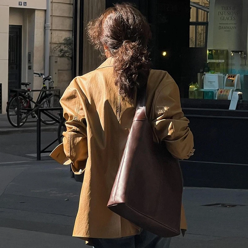 Vintage Leather Jacket for Women Spring Autumn 2024 New Simple Fashion Metal Single-breasted Brown PU Leather Jackets abrigos