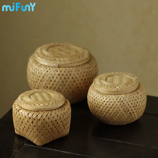 Tea Edények Kézzel Készített Tárolókosár Borítóval Bambusz Szövött Pu'Er Xiaotuo Snacks Cukorkák Tároló Asztali Doboz - Image 3