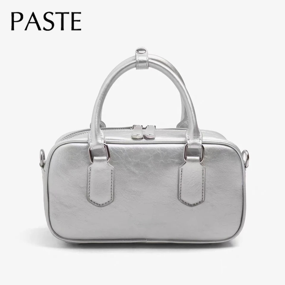 JINMANXUE Women's Woven Vegan Leather Boston Bag - Tote & Clutch Set, Adjustable Strap, Bright Silver - View #2