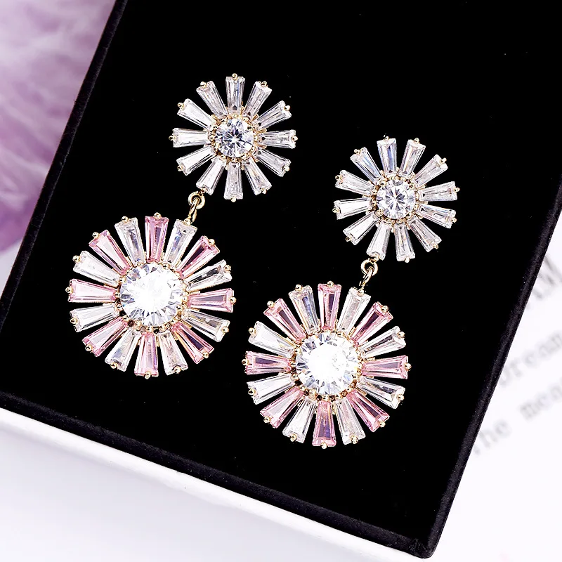 Trend Luxury Cubic Zirconia Flower Daisy Dangling Drop Earrings for Women Girl Wedding Daily Party Korean Fashion Jewelry Gifts