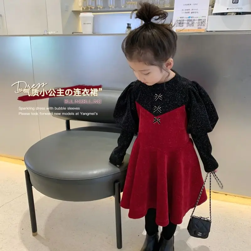 

Girls dress winter dress new baby long sleeve foreign princess dress thickened warm red skirt