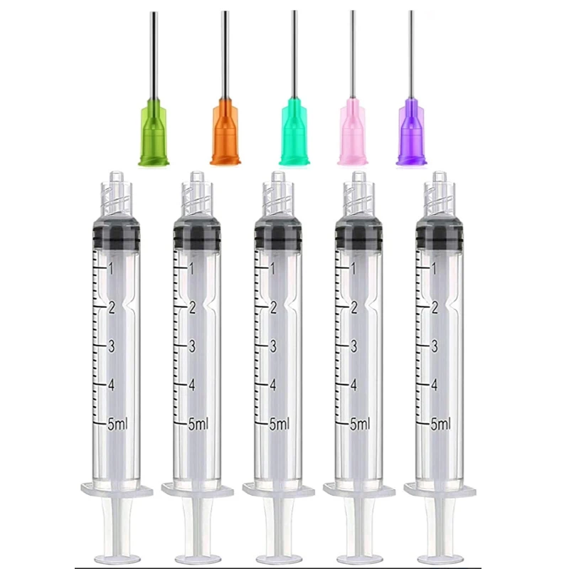 5 Pezzi 14G 15G 18G 20G 21G Per Colla Olio Siringa Inchiostro A Crimpare Punte Ago Smussato Sigillato Capacità 5Ml Siringhe In Plastica Trasparente