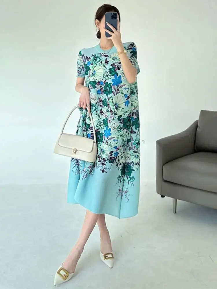 LANMREM Pleated Printting Blue Women's Dress Loose Casual Short Sleeve Elastic Summer Dresses 2025 New Chic Clothing 2DB3513 - Image 6
