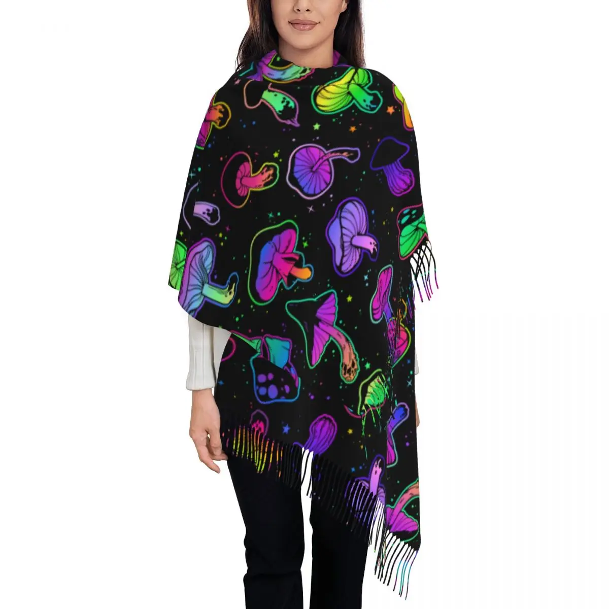 

Bright Psychedelic Mushrooms Shawl Wrap Womens Winter Long Soft Scarf Neckerchief Tassel Scarves