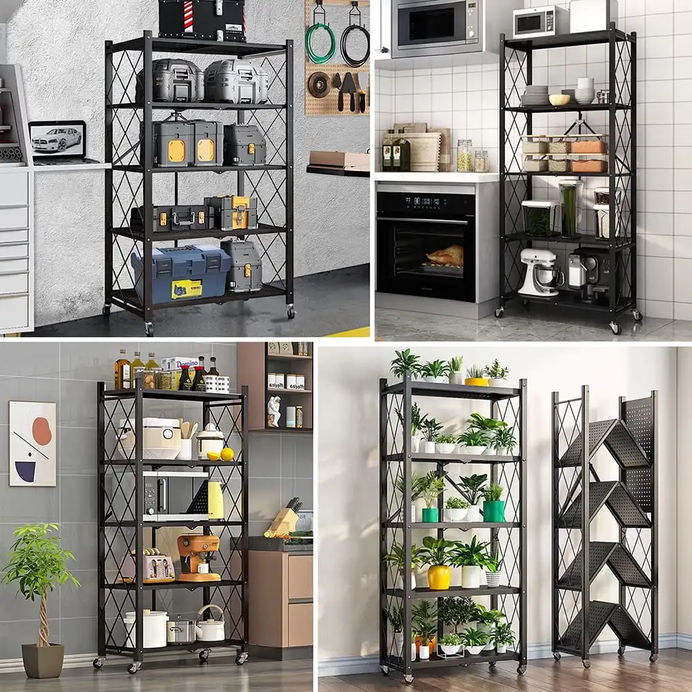 5 Tier Metal Storage Shelves with Wheels Heavy Duty Foldable Garage Shelving Unit for Easy Organization Ideal for Kitchen Garage 5