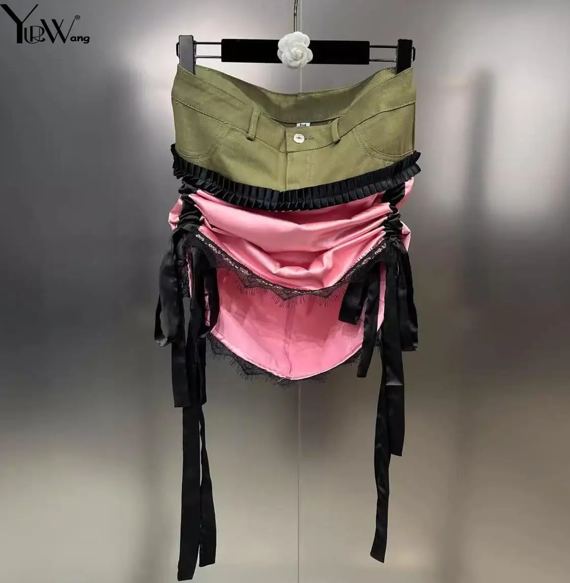 

Yuerwang Women lace skirt 2023 Summer Patchwork Ribbon Drawstring Elastic Decorative Overskirt High Waist Mini Skirt
