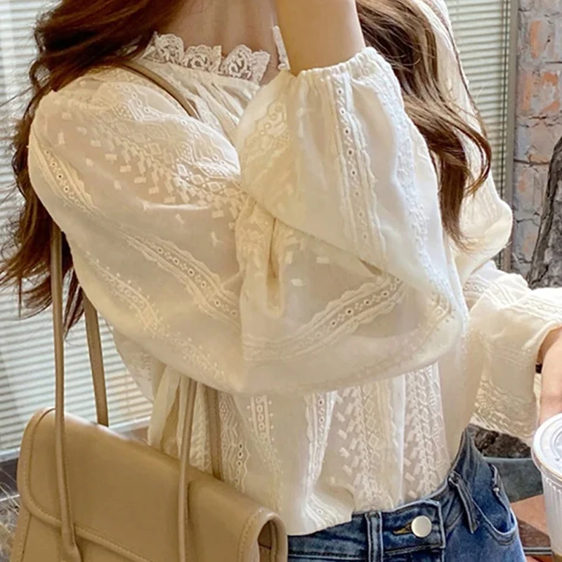 بلوزة عصرية بأكمام طويلة على الطراز الكوري مع تطريز بلوزات مشمش أنيقة قميص دانتيل حلو بأكمام منتفخة ملابس علوية نسائية