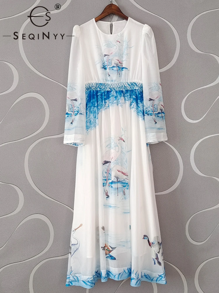 

SEQINYY White Chiffon Dress Summer Spring New Fashion Design Women Runway High Street Vintage Blue Flowers Bird Print Casual