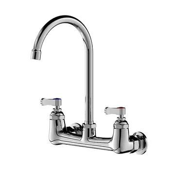 ก๊อกน้ําผสมติดผนังสองรู - ก๊อกน้ําอ่างล้างจานเชิงพาณิชย์ทองแดงพร้อมหัวฉีดสวิงและคอห่านหมุนสําหรับอ่างล้างหน้าในครัว 2