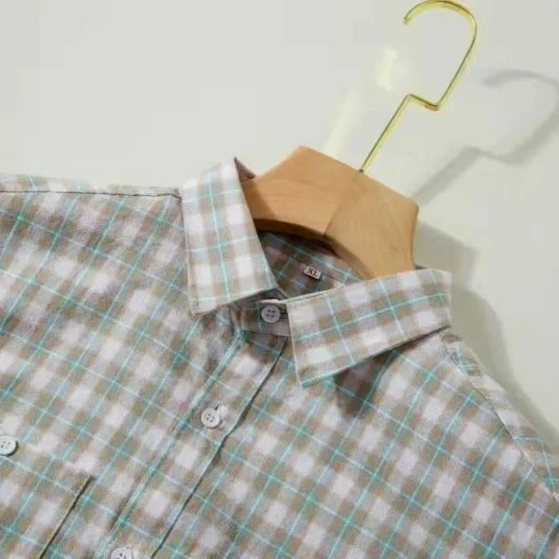 New Summer Boyfriend 2024 Spliced Square Collar Button Plaid Pocket Fashion Minimalist Comfortable Slim Fit Short Sleeve Shirts