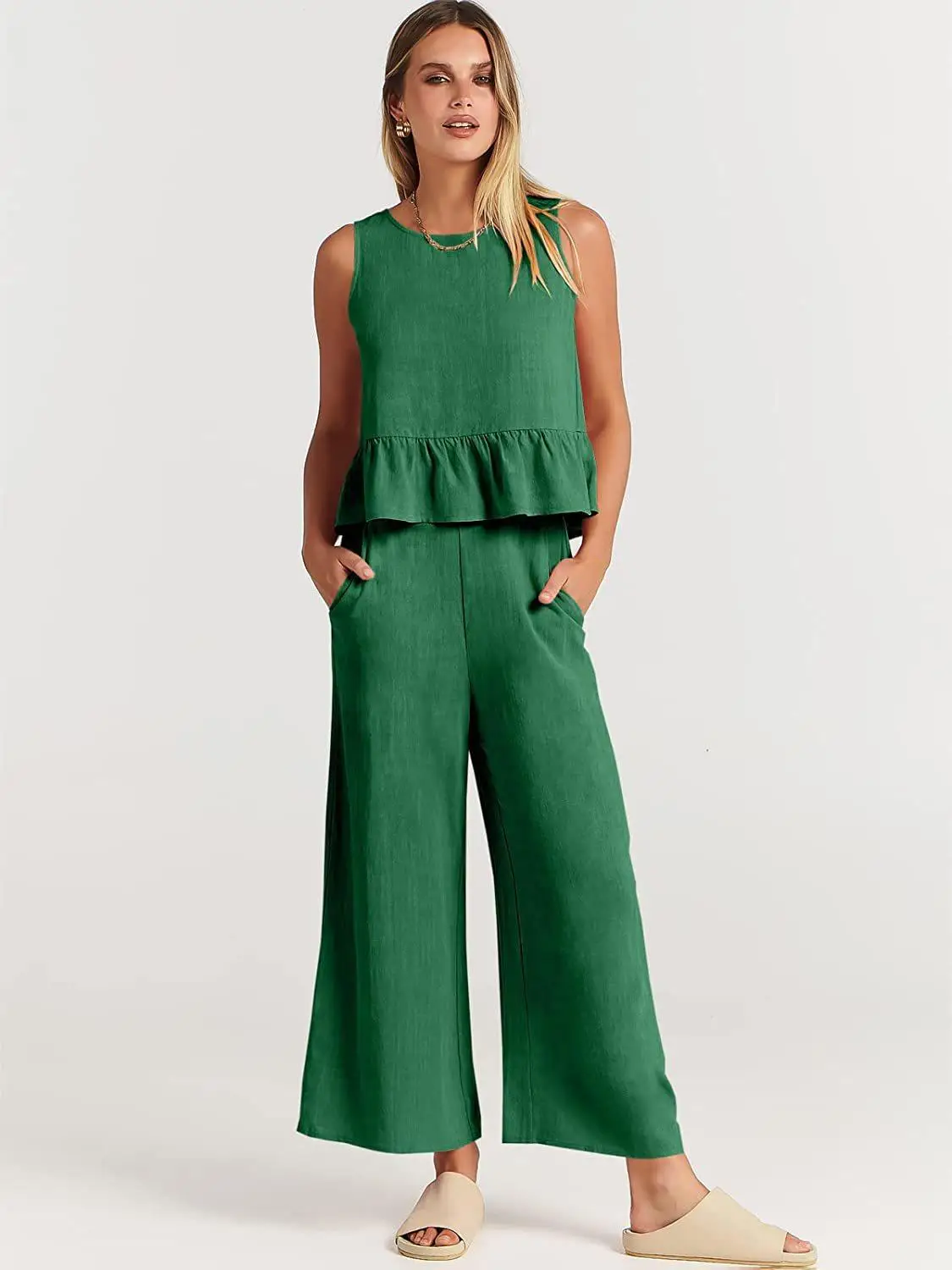 Women Summer Casual Linen 2 Piece Pants Set Solid Elegant Two Piece Suit Sleeveless Wide Leg Outfit 2023 New In Matcing Set -Se7df1f2c0e934d4685f896f26d593e0at