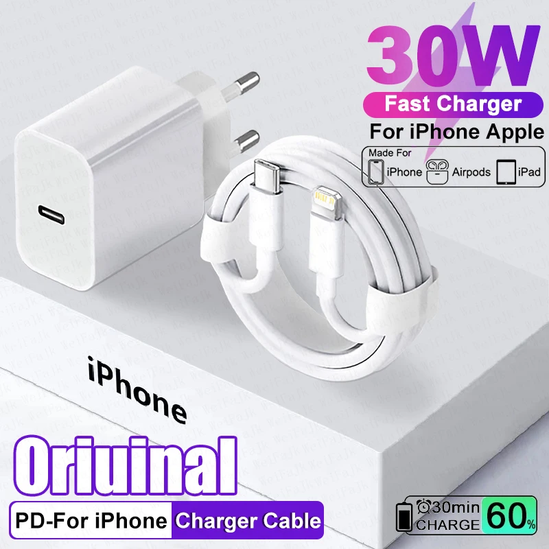 

For Apple Original 30W Quick Charger For iPhone 11 13 12 14 Pro Max Mini XR XS 8 Plus iPad Fast Charging Type C Lightning Cable