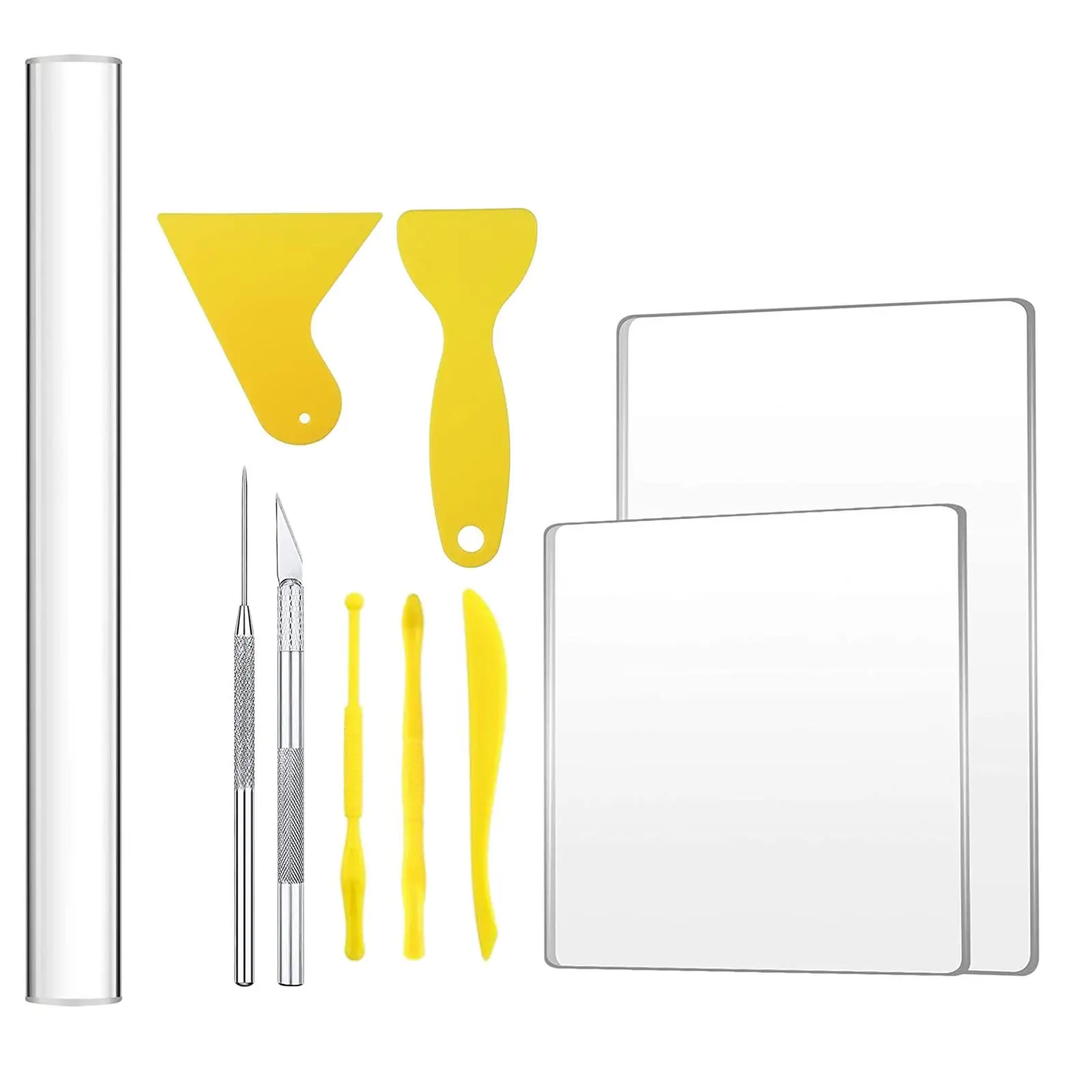 아크릴 시트 백킹 보드가있는 10x 아크릴 클레이 롤러 보조 삽 고무 클레이 도구 손으로 만든 DIY 클레이 도구 재료