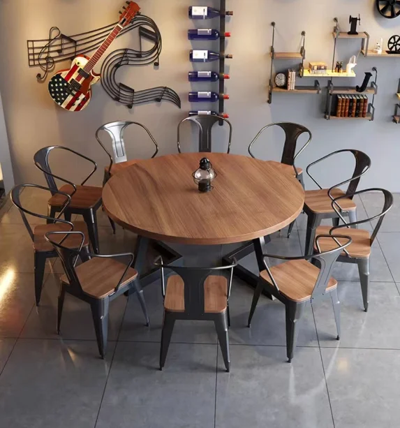 Description Picture 6 of itemNew Iron Art Solid Wood Dining Table and Chair Set Six Chair Combination Bar Hot Pot Shop Restaurant Restaurant