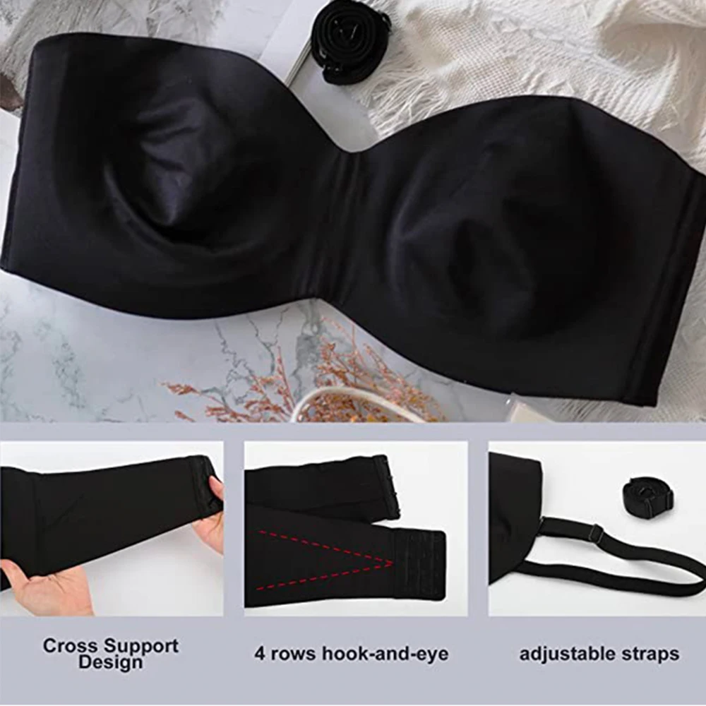 Women Full Support Strapless Bra Push up Plus Size Seamless Bra Non-Slip  Convertible Bandeau Bra Invisible Lifting Underwired