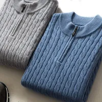 Autumn Winter Men's Cashmere Sweater Classic Comfortable Fit Twisted Cashmere Knitted Half Zip Stand Collar 1