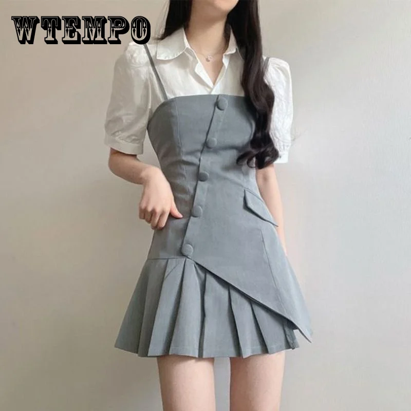 

Асимметричное Платье-рубашка из двух частей, рубашка-поло с воротником и коротким рукавом, белая рубашка, серые платья на бретелях, универсальное характерное летнее Новое модное