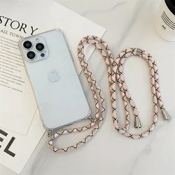 Shockproof Clear Crossbody Lanyard Phone Case with Soft Silicone TPU Back Cover - iPhone 15 Plus (Colorful Pink)