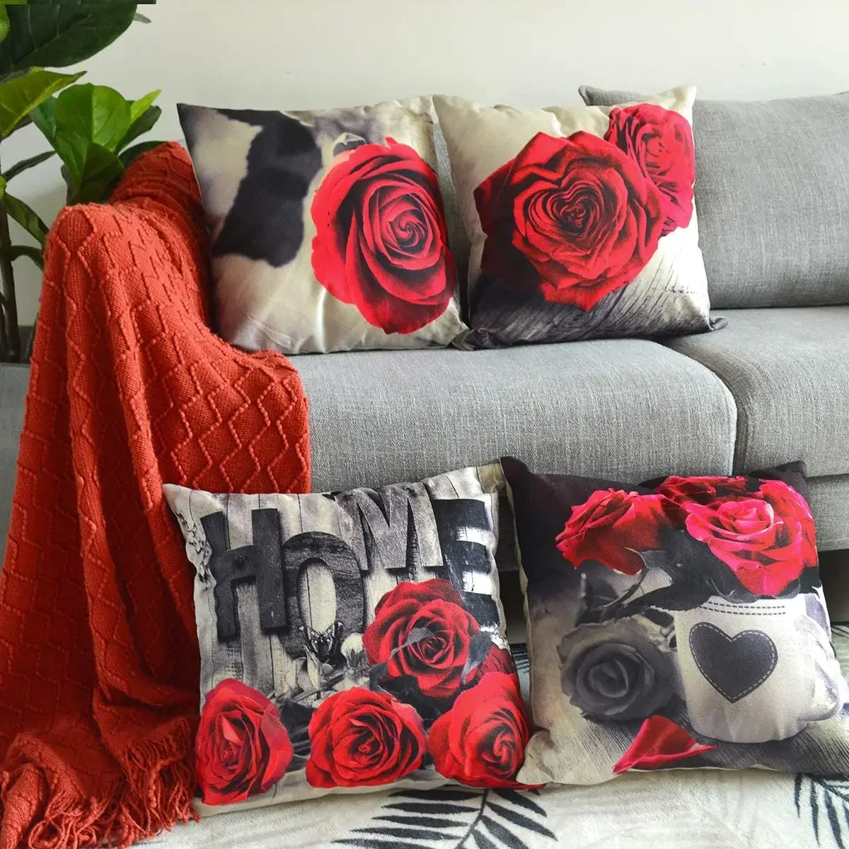 

Valentine's day red rose flower linen pillowcase sofa cushion cover home decoration can be customized for you 40x40 50x50 60x60