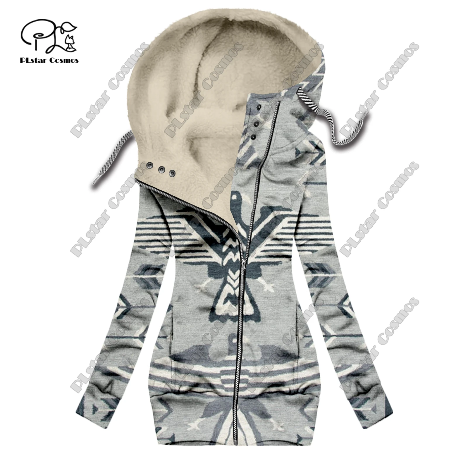 New 3D printing retro series carpet print pattern plus velvet warm women's long zipper hoodie jacket commuting casual winter F-3