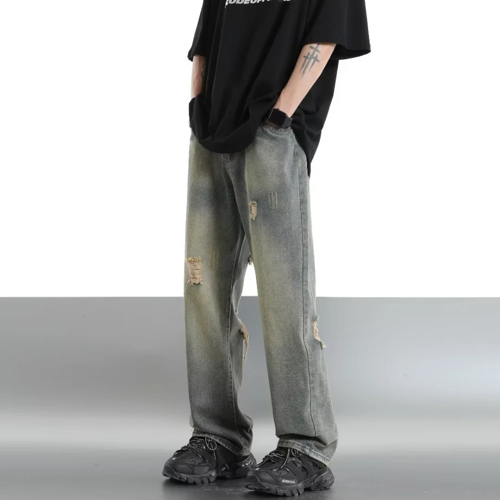 2023 Autumn Jeans Slim Hole Jeans For Men With Five-Pointed Star Ripped Jeans Street Casual Blue Denim Pants y2k streetwear