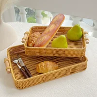 Stackable Woven Rattan Storage Basket - Organizer with Wooden Handle for Home Kitchen Bathroom Bedroom Hotel  Shelf  Storage Box 2