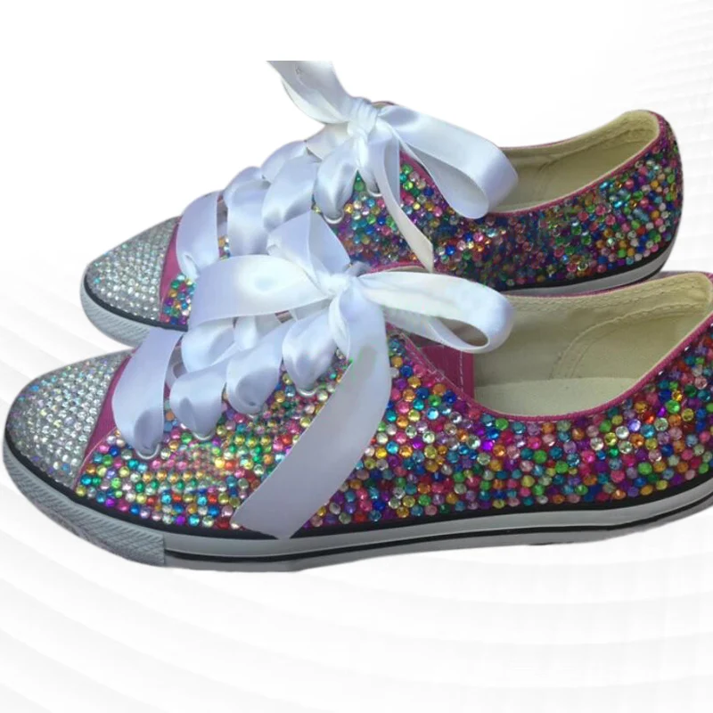 

Colorful diamond ribbon hand custom low top canvas shoes Running walking casual plus-size women 35-46