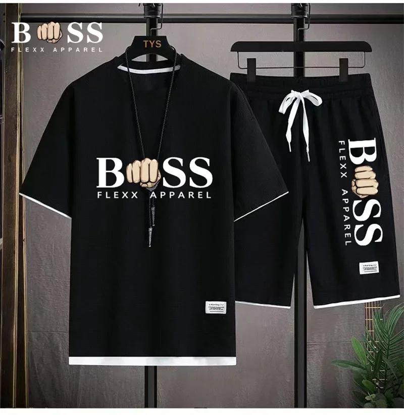 

BSS FLEXX APPAREL Men's Two Piece Set Linen Fabric Casual T-shirt And Shorts Set Mens Sports Suit Fashion Short Sleeve Tracksuit