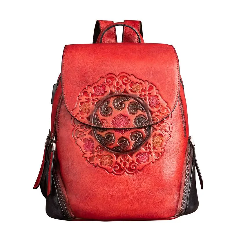 Fashionable Backpack, Retro leather Women's Backpack, New Handmade Embossed Retro Bag, Chinese Style Women's Backpack 2