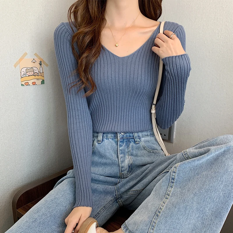 yellow sweater Basic V-Neck Sweater Women Spring Autumn Style All-Match Slim Soft Cotton Sweaters Pullovers Korean Long Sleeved Sweater Ladies white sweater Sweaters