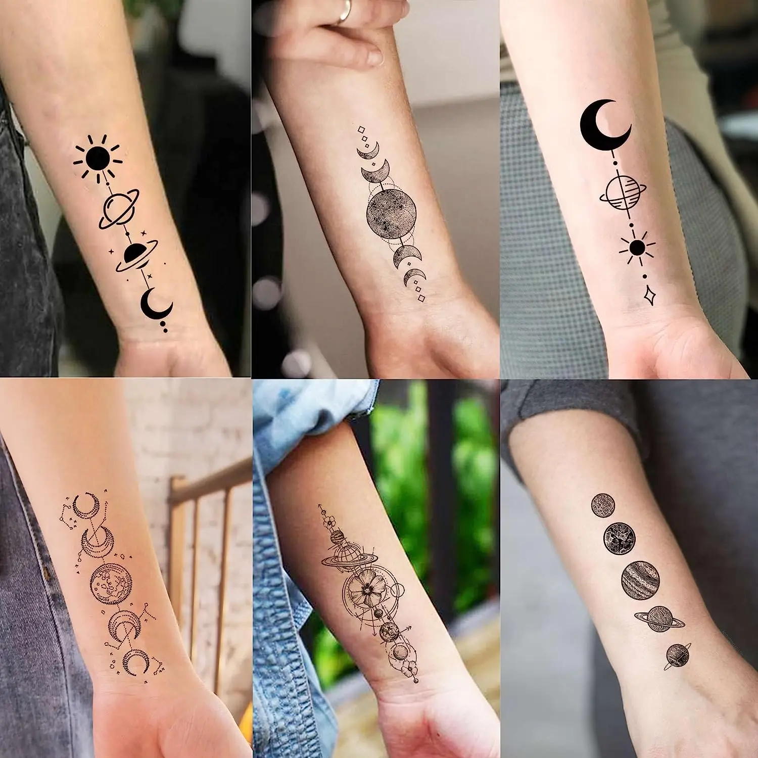 Fake Space Planets Chain Temporary Tattoos Women Men Arm Black Moon Sun Star Tattoo Small Universe Tatoos Decal 15 Sheets Tattoo sticker Temporary tattoos
