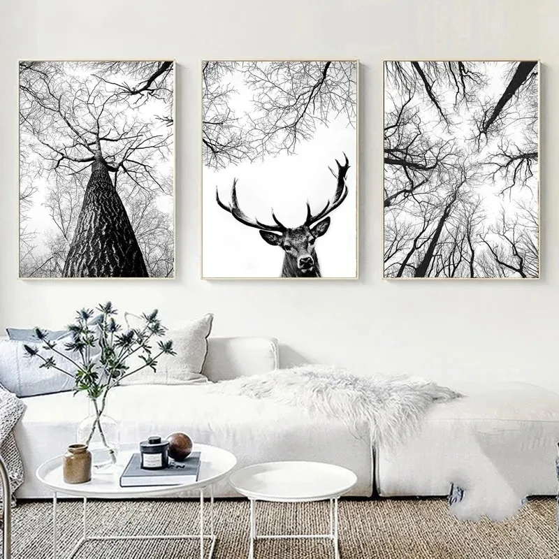 

Scandinavian Black and White Tree Branch Print Hunting Posters Deer Antlers Wall Art Woodland Tree Canvas Painting Home Decor