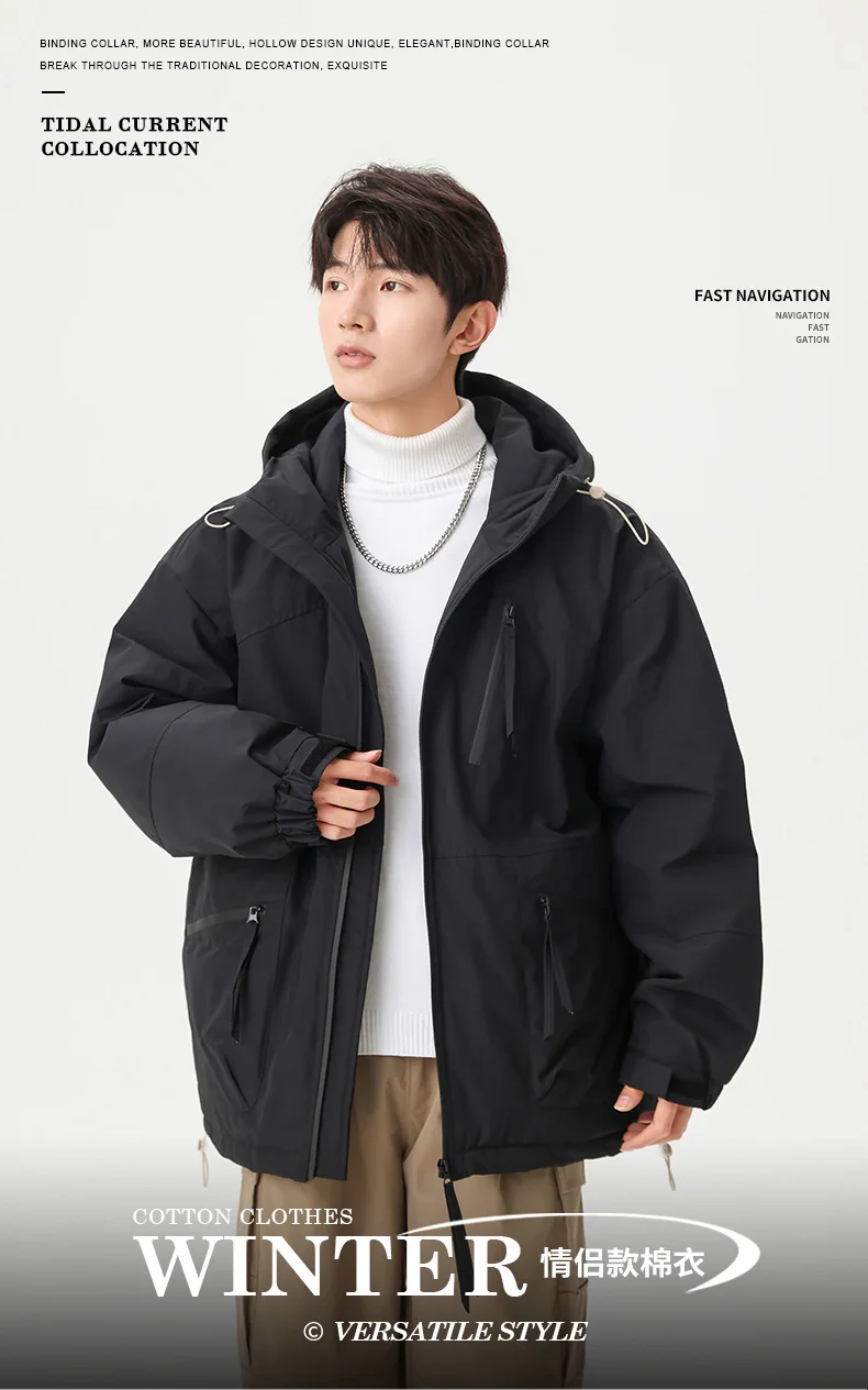 Lässige Herren-Jacken mit Kapuze, Baumwolle, gefüttert, 20225, Winter, Outdoor, locker, einfarbig, dicke Parkas, Streetwear, winddicht, Top-Down-Mäntel – Detail 1