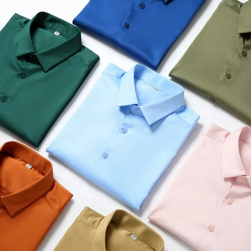 Summer Men's Shirt Non-Ironing Anti-Wrinkle Business Casual Solid Color Elastic Smooth Short Sleeves Work Social Shirt S-4XL