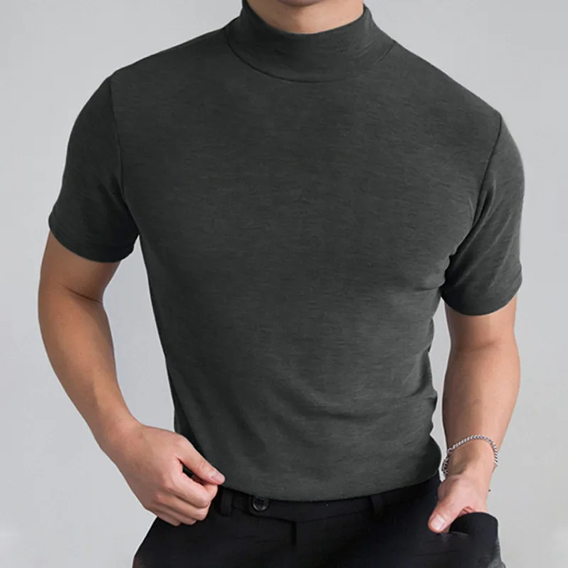 New Fashion Men Basic T-Shirts Short Sleeve Pullover Tops Solid Color Slim Fit Turtleneck Tee Tops Skin Friendly Hot Sale S-2XL