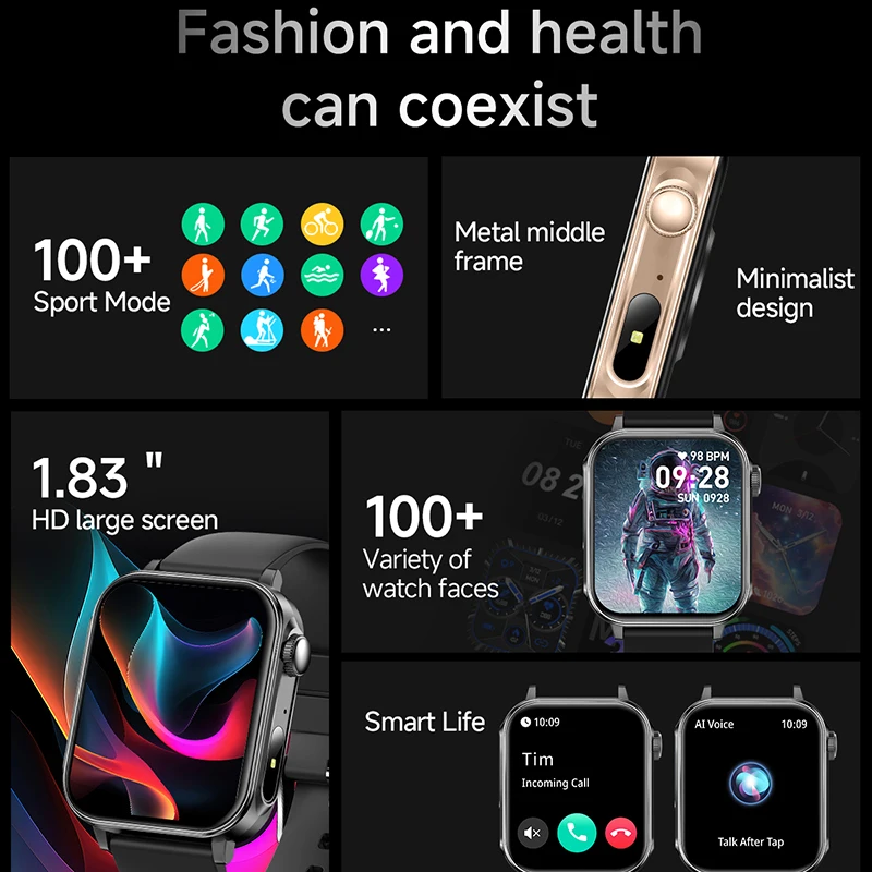 2025 Type-C Fast Charging Smart Watch Men Women Health Management Bluetooth Call LED Flashlight Waterproof Sports Smartwatch New