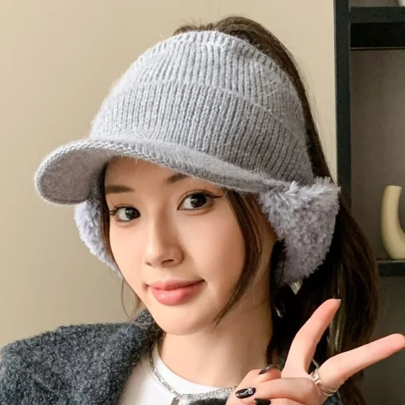Hot Sale Women Warm Visor Hat With Earflap Fashion Plush Fur Knitted Hat Soft Winter Beanie Hats Female Streetwear Ponytail Cap