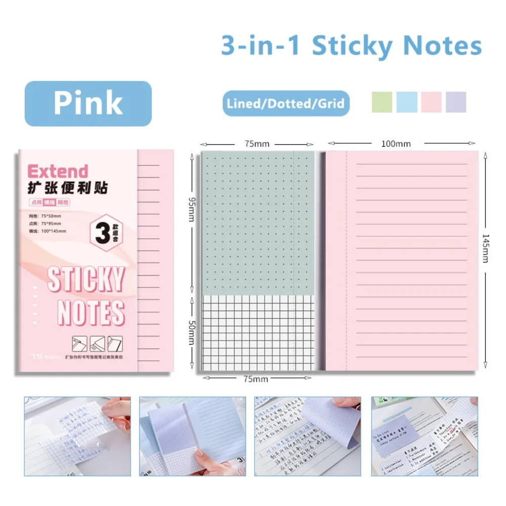 Versatile 3-in-1 Self-Adhesive Memo Pads with Lined, Dotted, and Grid Options